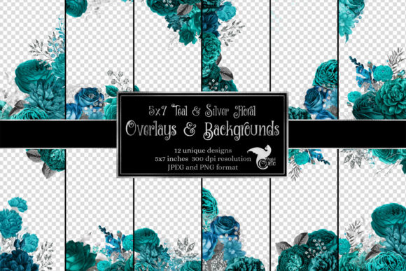 5x7 Teal and Silver Floral Overlays for Your Projects