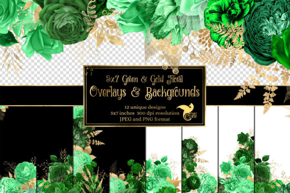 Elevate Your Designs with 5x7 Green and Gold Floral Overlays
